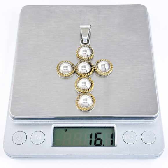 Vintage Mexico Taxco TD-91 Sterling Silver Gold-Tone Accent Dome Cross Pendant - Picture 6 of 7